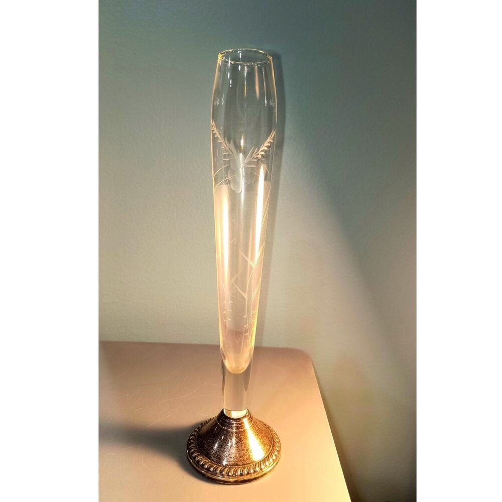 770. Duchin Creation Bud Vase Vintage Sterling Weighted basee Etched Glass